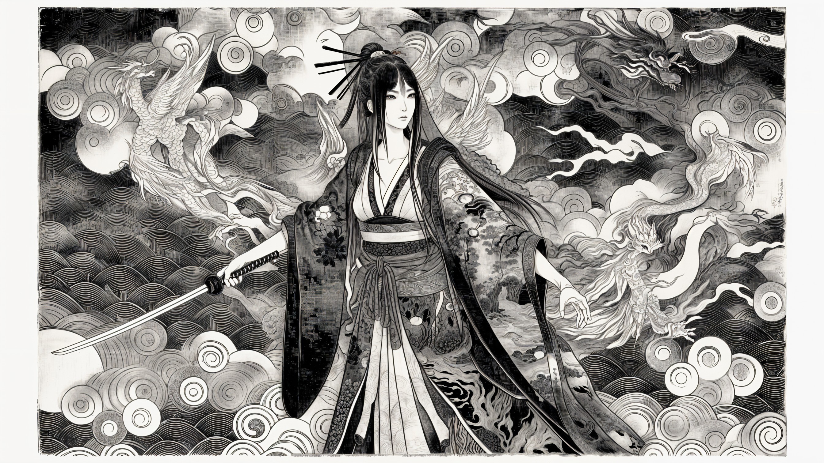 Monochrome Woodblock Print of a Female Samurai