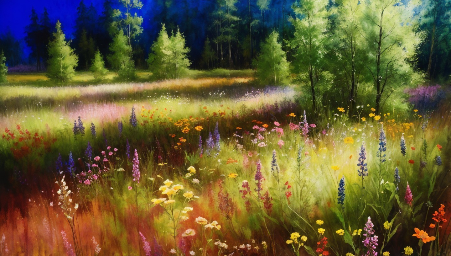 Vibrant meadow with colorful wildflowers and greenery