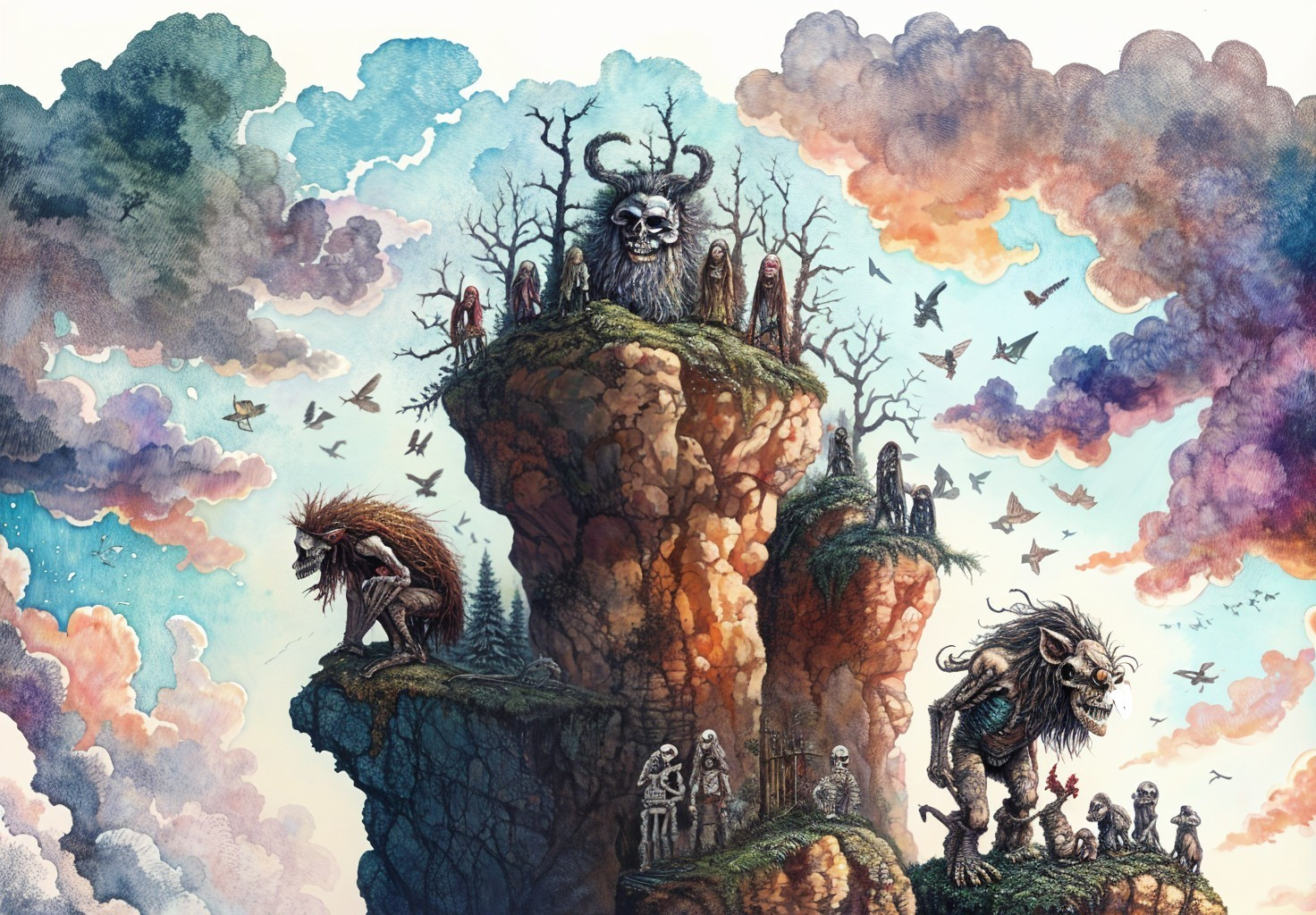 Fantastical Landscape with Dark Creatures and Cliffs