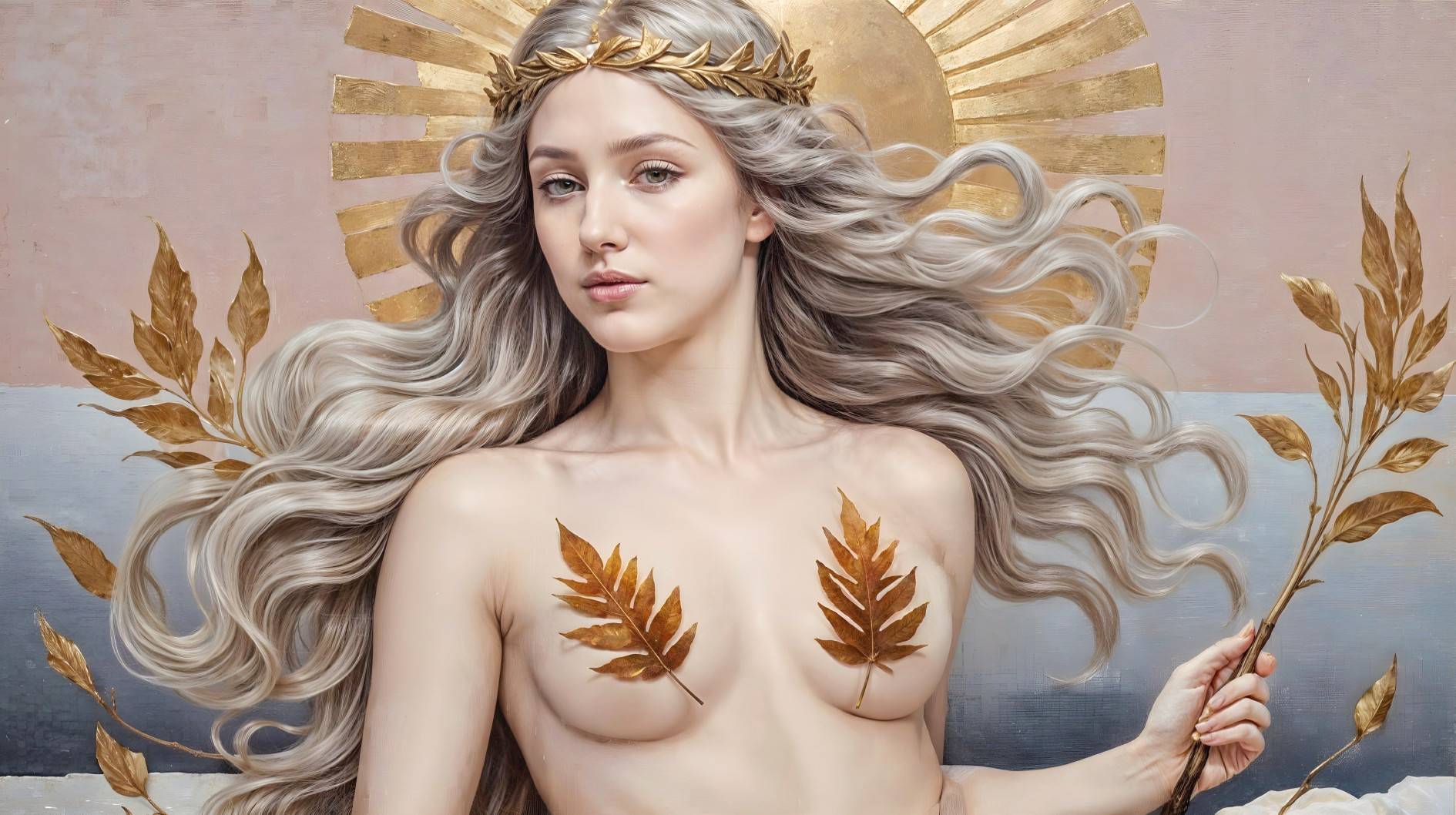 Ethereal Woman with Silver Hair and Golden Laurel Crown