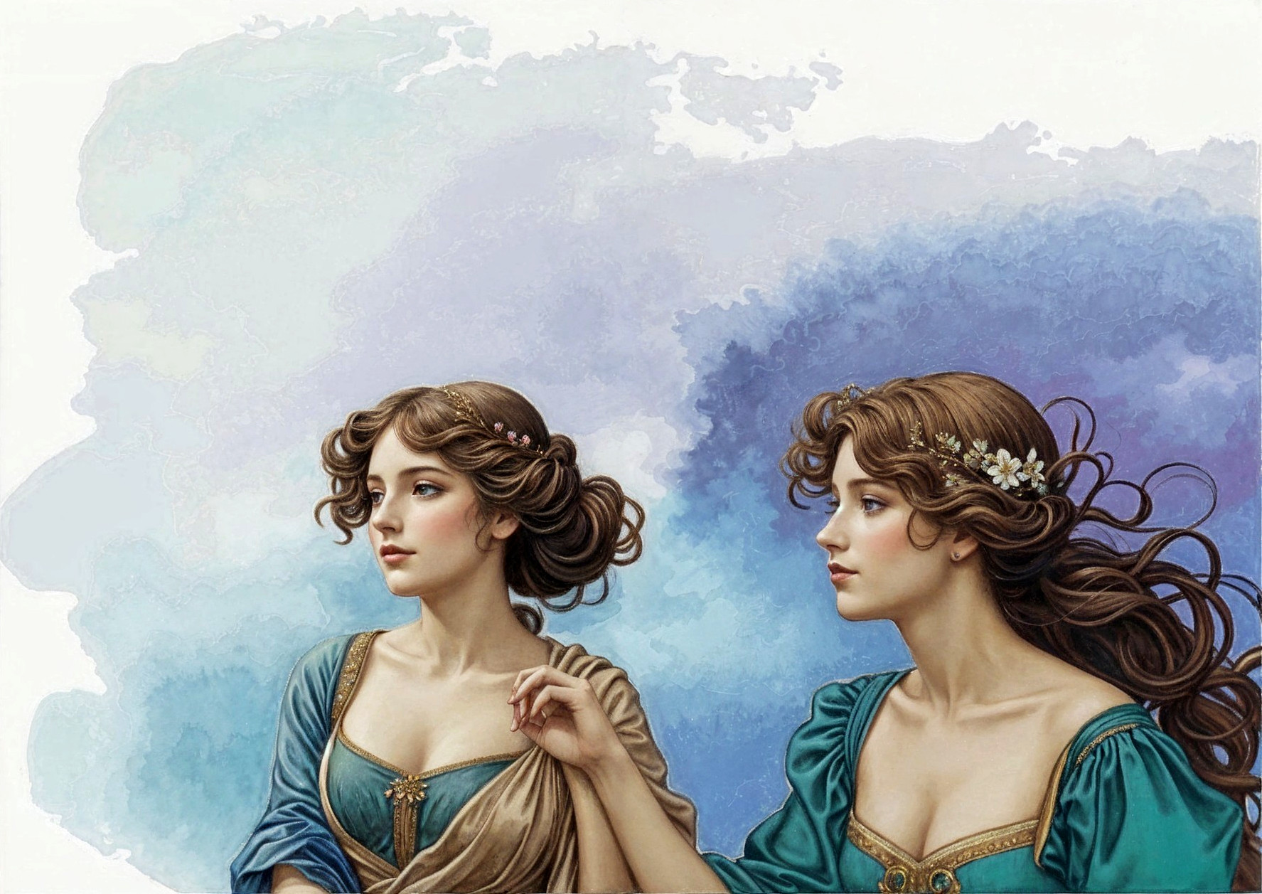 Elegant Women with Floral Accents in Dreamy Setting