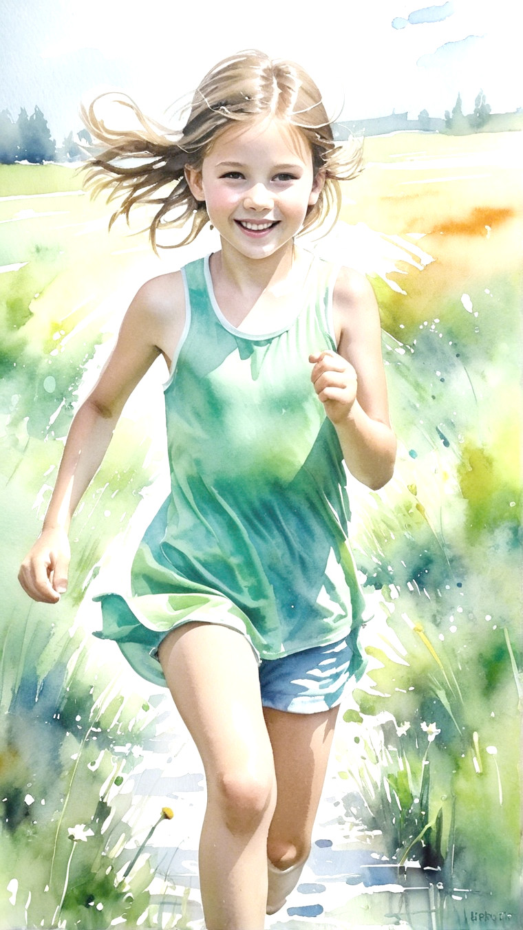 Joyful Girl Running in Sunlit Field Watercolor Painting