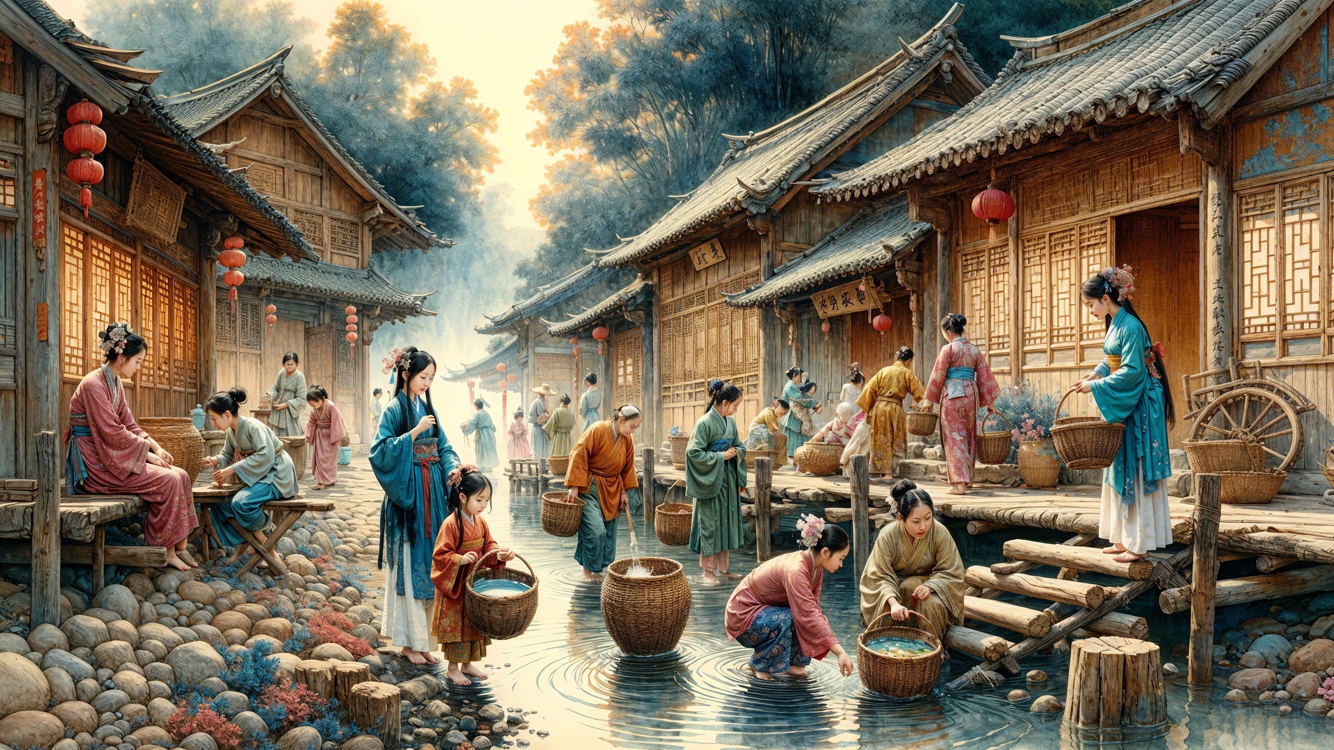 Traditional Village Scene by a Serene River