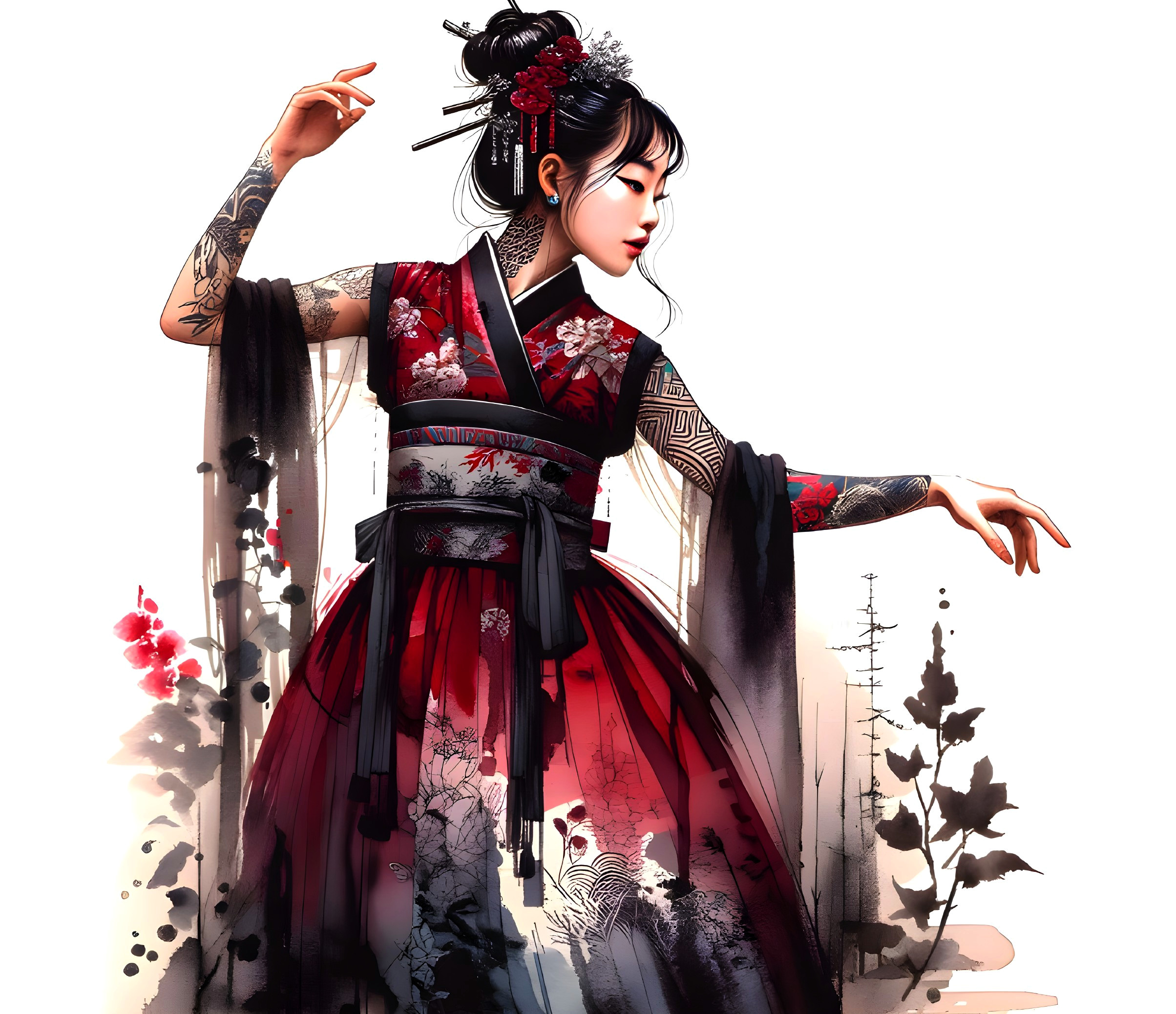 Traditional Kimono with Floral Patterns and Tattoos
