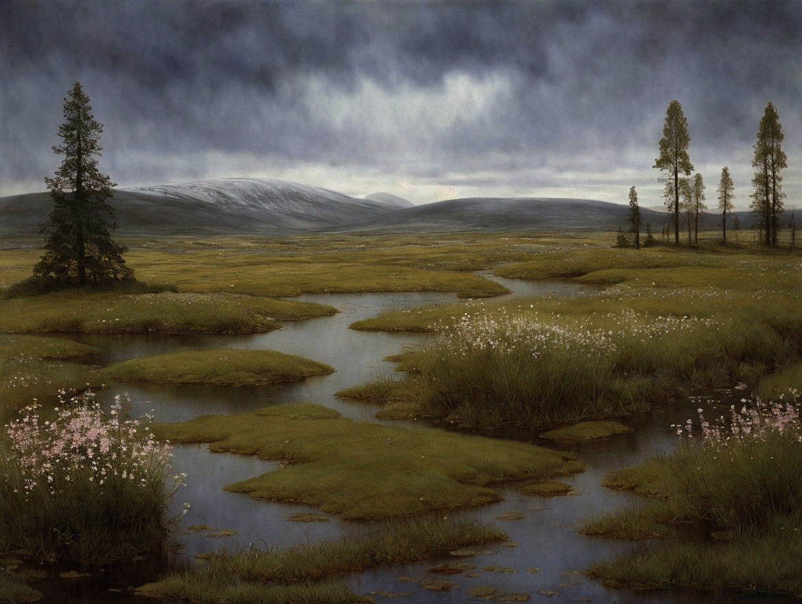 Serene Wetland Landscape with Snow-Capped Hills