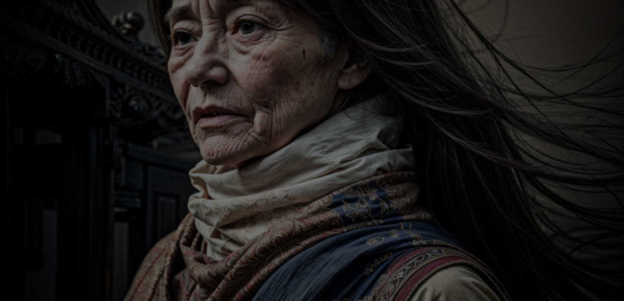 Elderly Woman with Long Hair and Thoughtful Expression