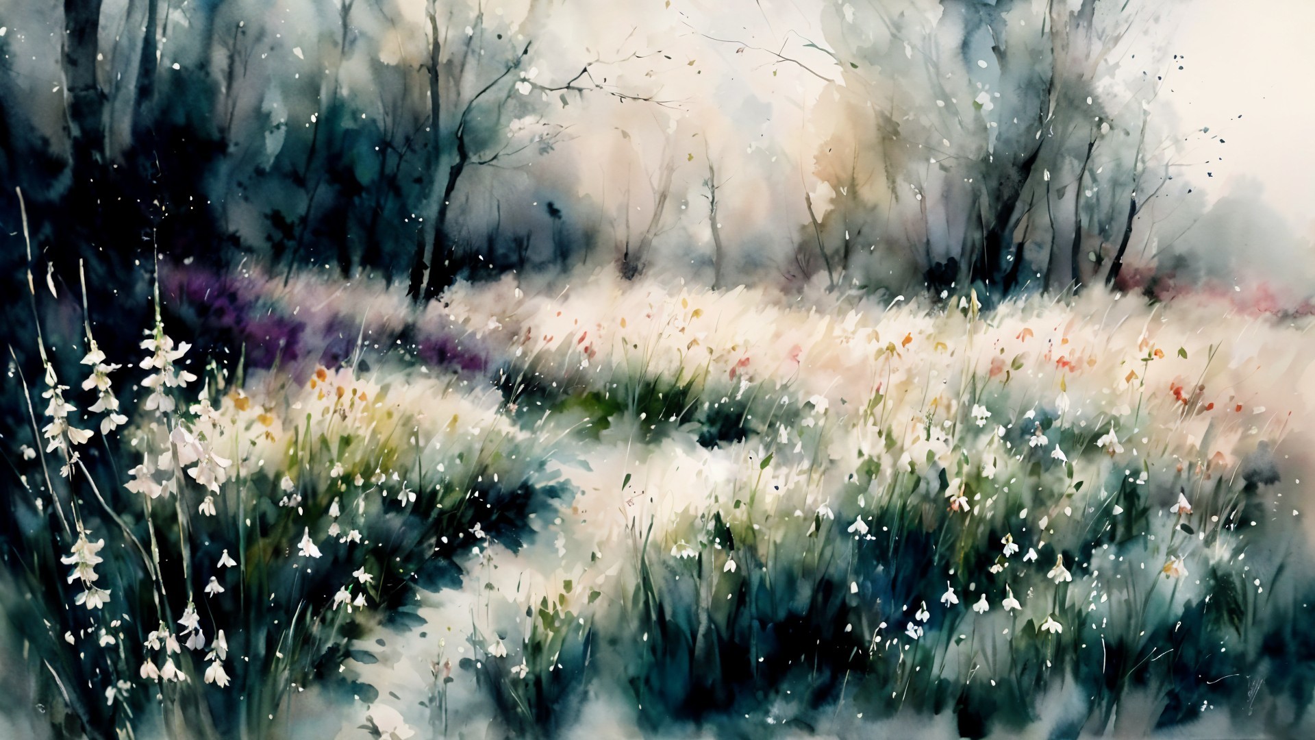 Tranquil Watercolor Landscape with Wildflower Meadow