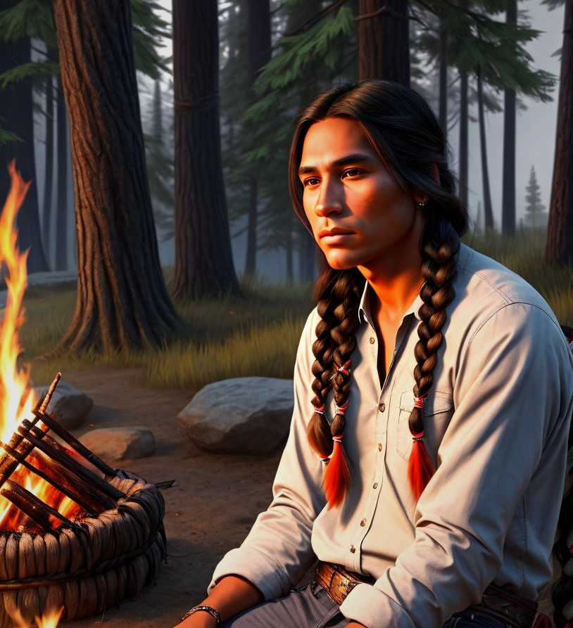 Indigenous Man by Campfire in Serene Forest Setting