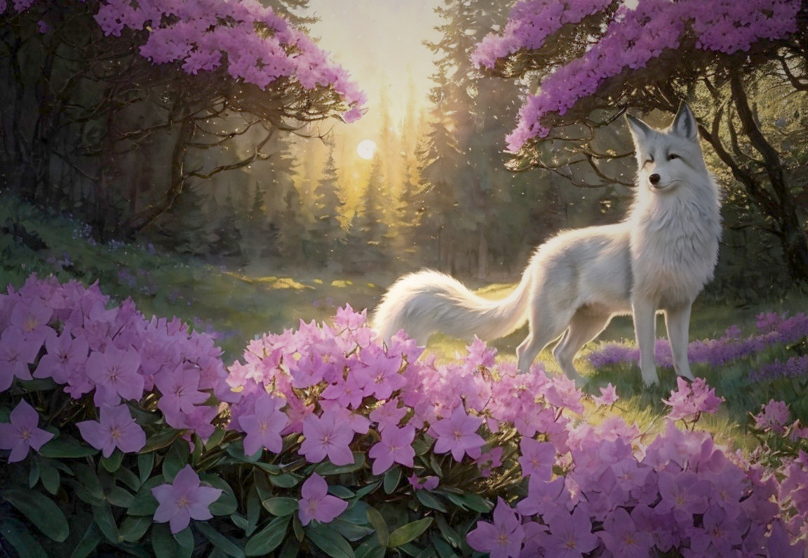 White fox in a forest with pink azalea flowers