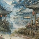 Mystical village in a foggy forest with wooden houses