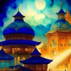 Surreal Landscape with Blue-Roofed Structures