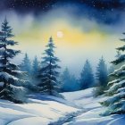 Full Moon Over Snowy Pine Forest at Night