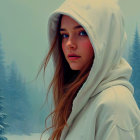 Young Woman in White Cloak in Snowy Forest Setting