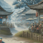 Watercolor of a tranquil village by a calm river
