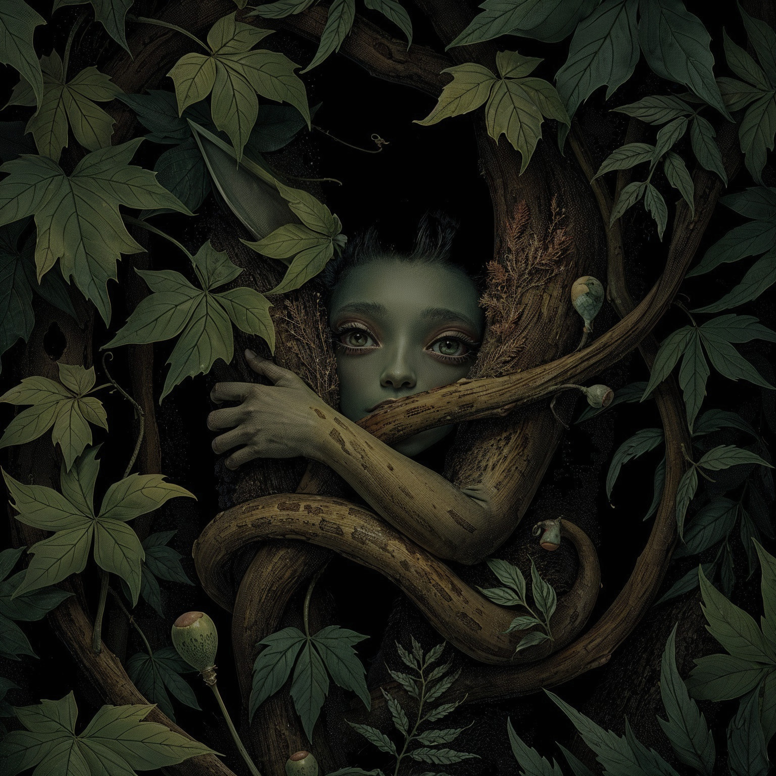 Mystical Figure Surrounded by Twisting Vines and Leaves