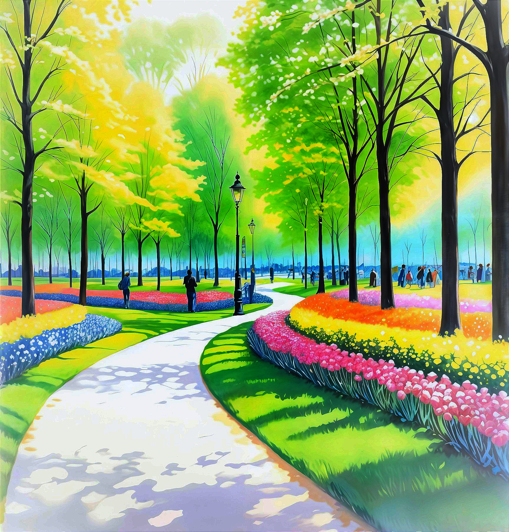Vibrant Park Scene with Colorful Flowers and Pathway