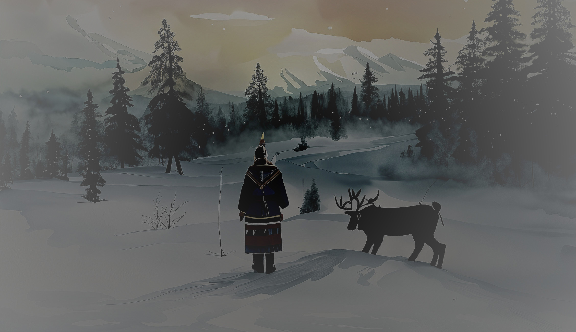 Traditional Attire in Snowy Landscape with Reindeer
