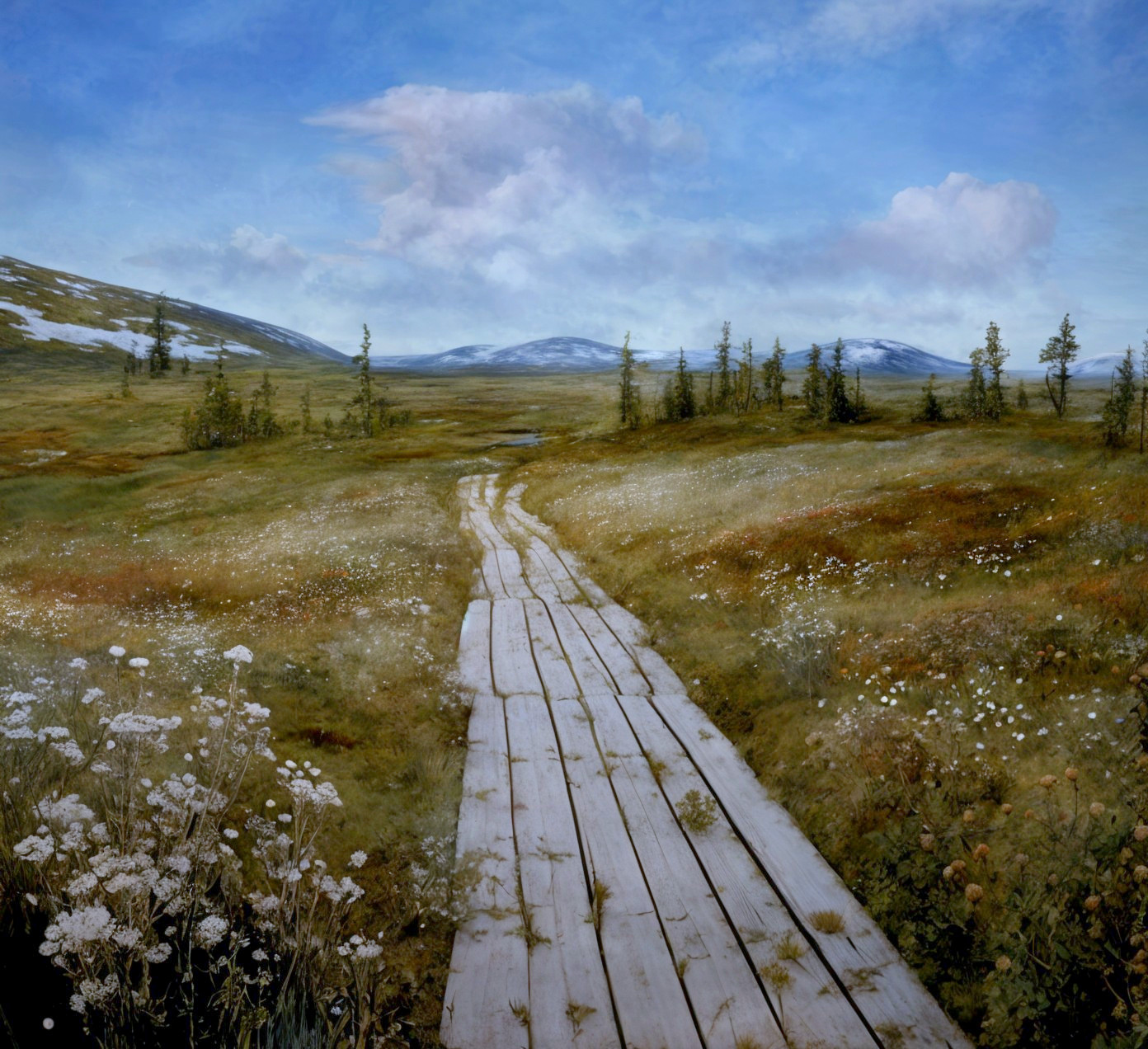 Wooden Pathway Through Vibrant Wildflower Meadow