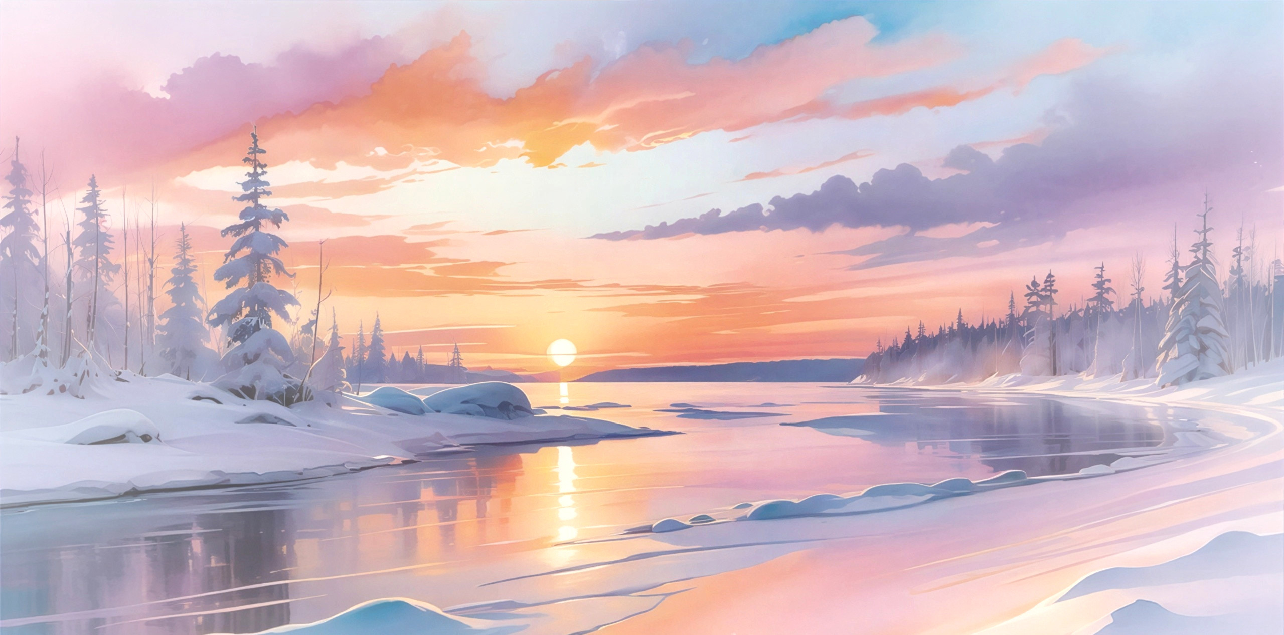 Digital Painting of Winter Landscape at Sunset