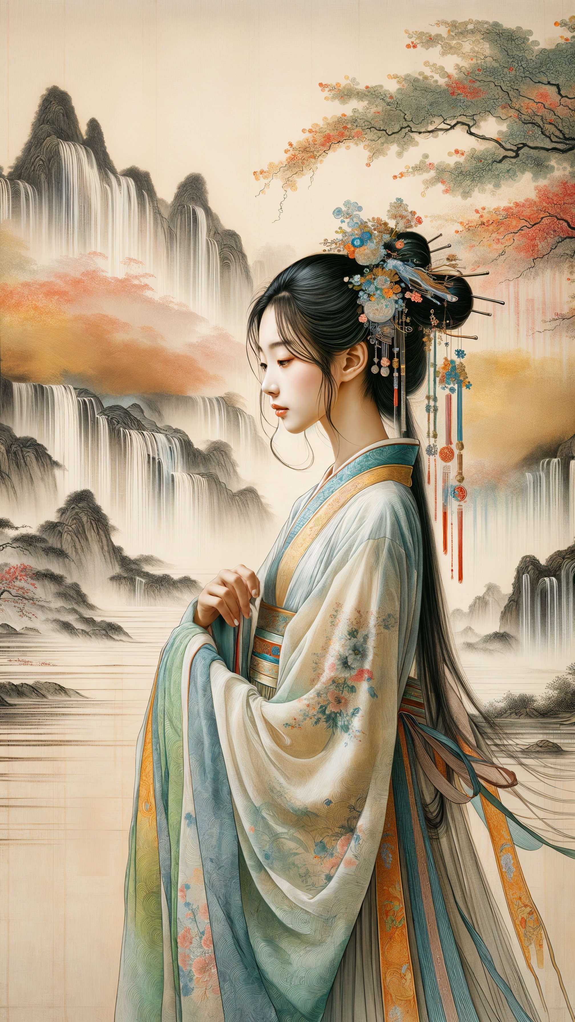 Serene Young Woman in Traditional Robe by Waterfalls