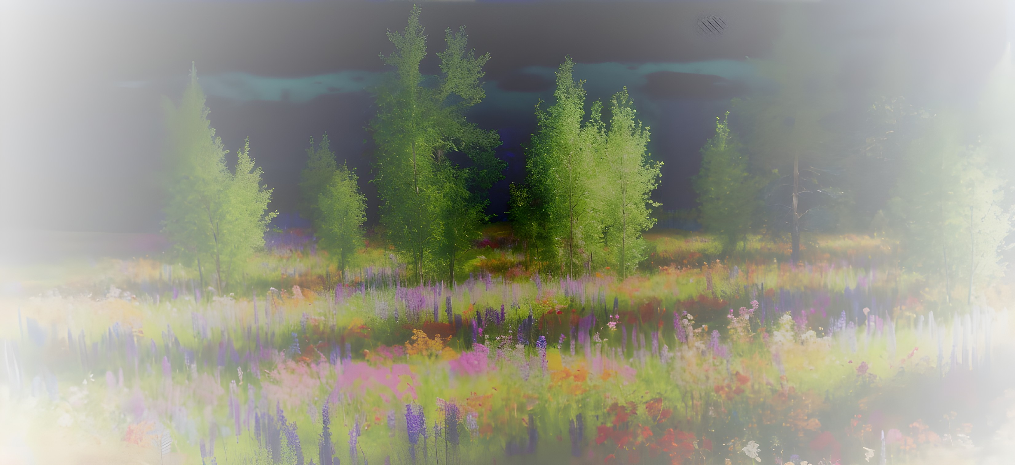Vibrant Meadow with Colorful Flowers and Trees