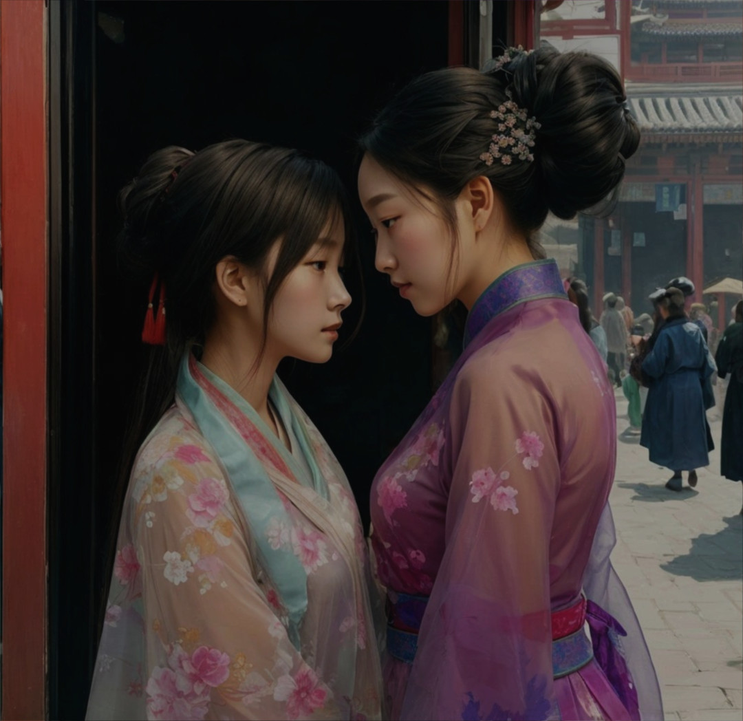 Young women in floral garments in historical setting