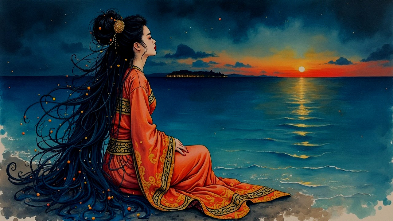 Serene Woman in Orange Robe at Sunset Beach