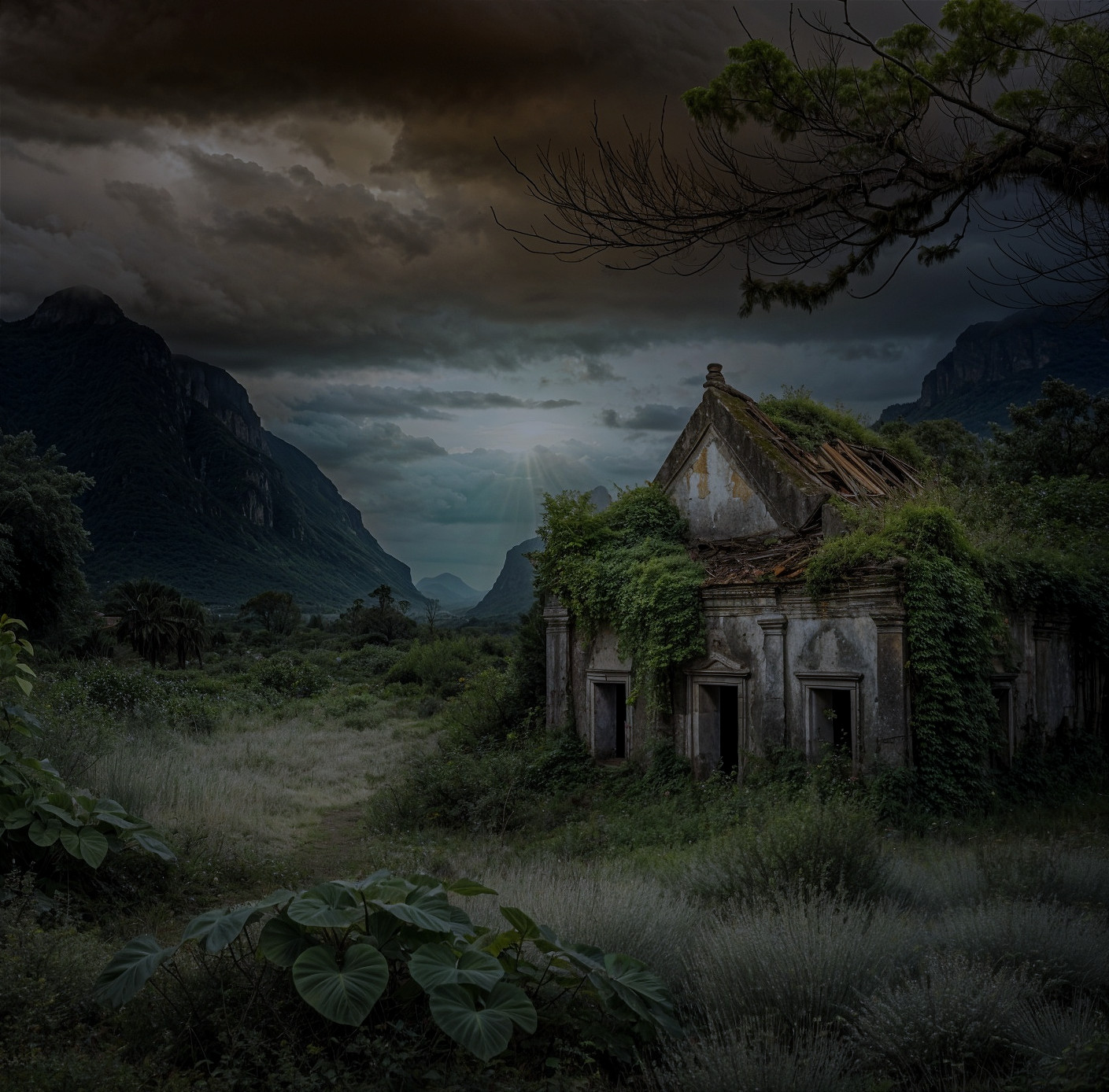 Dilapidated Building in Lush Mountain Landscape