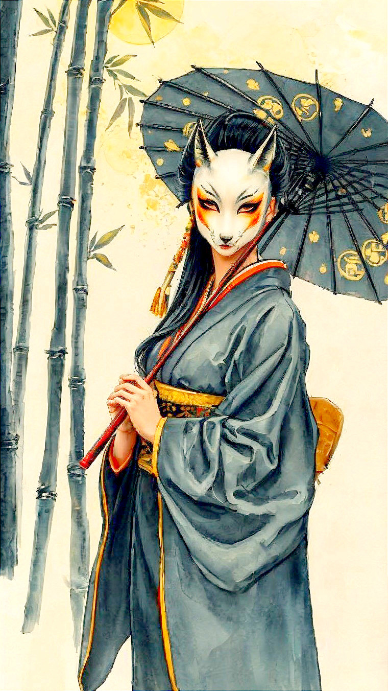 Serene Figure in Bamboo Grove with Kimono and Parasol