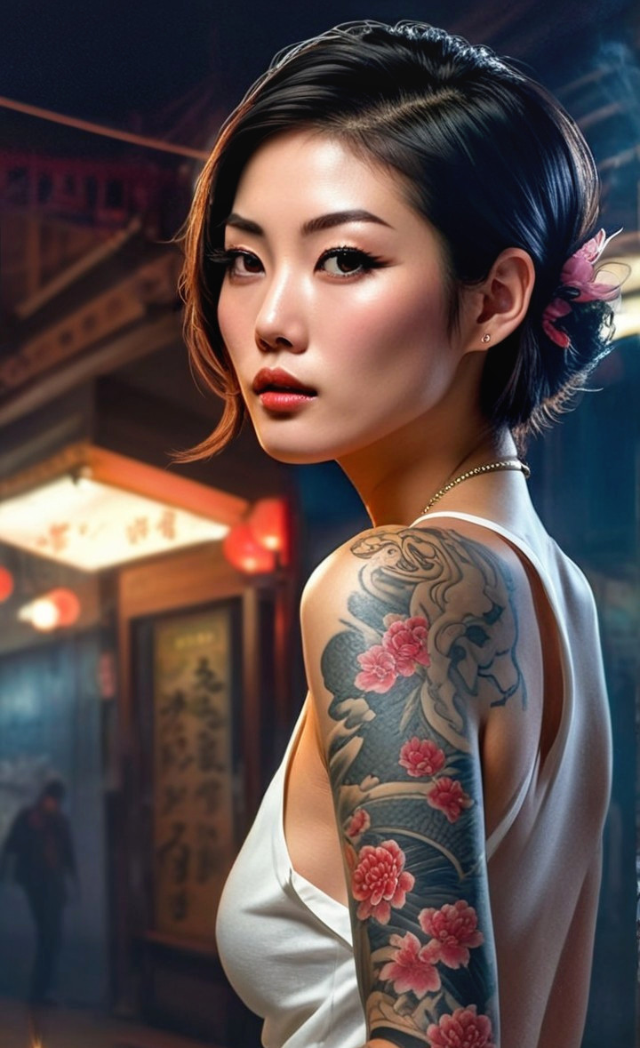 Young Woman with Bob Haircut and Floral Tattoos