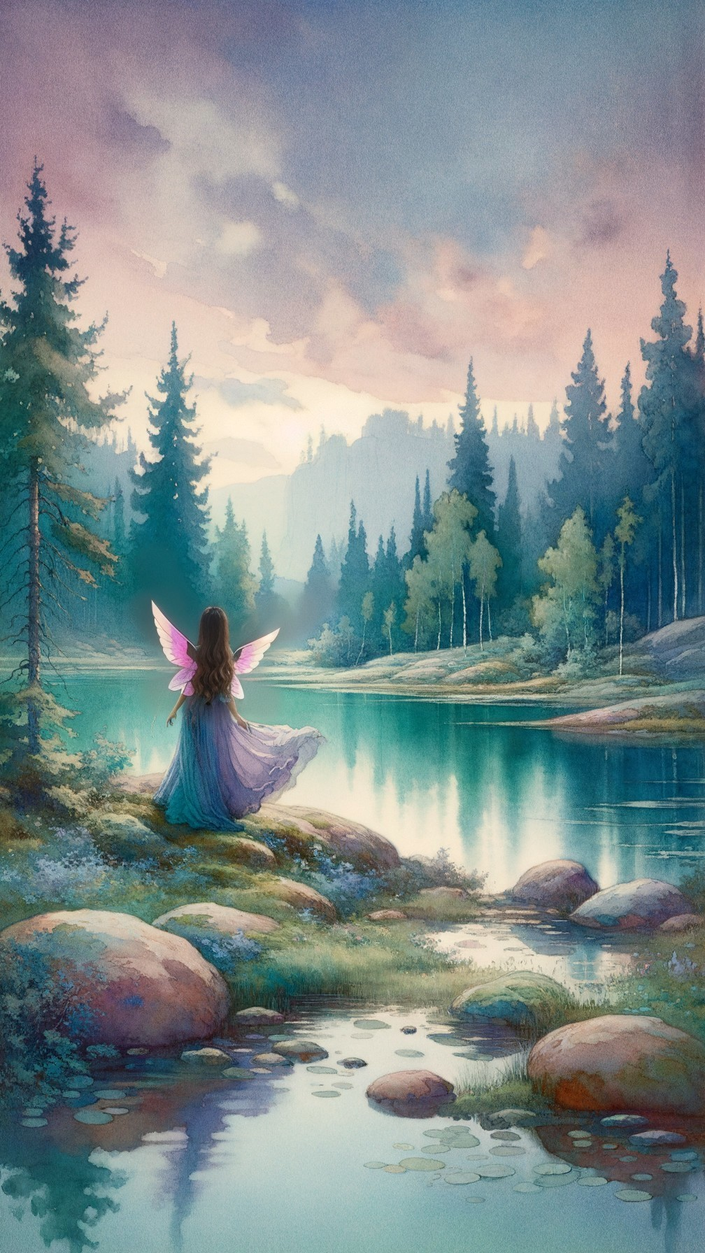 Tranquil Lake and Fairy Figure in Serene Landscape