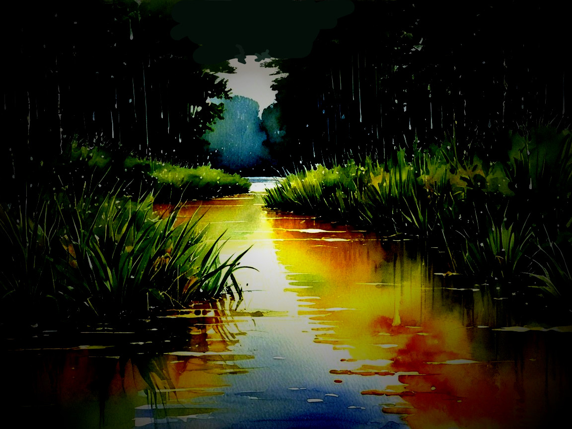 Serene Landscape with Winding River and Sunset Hues