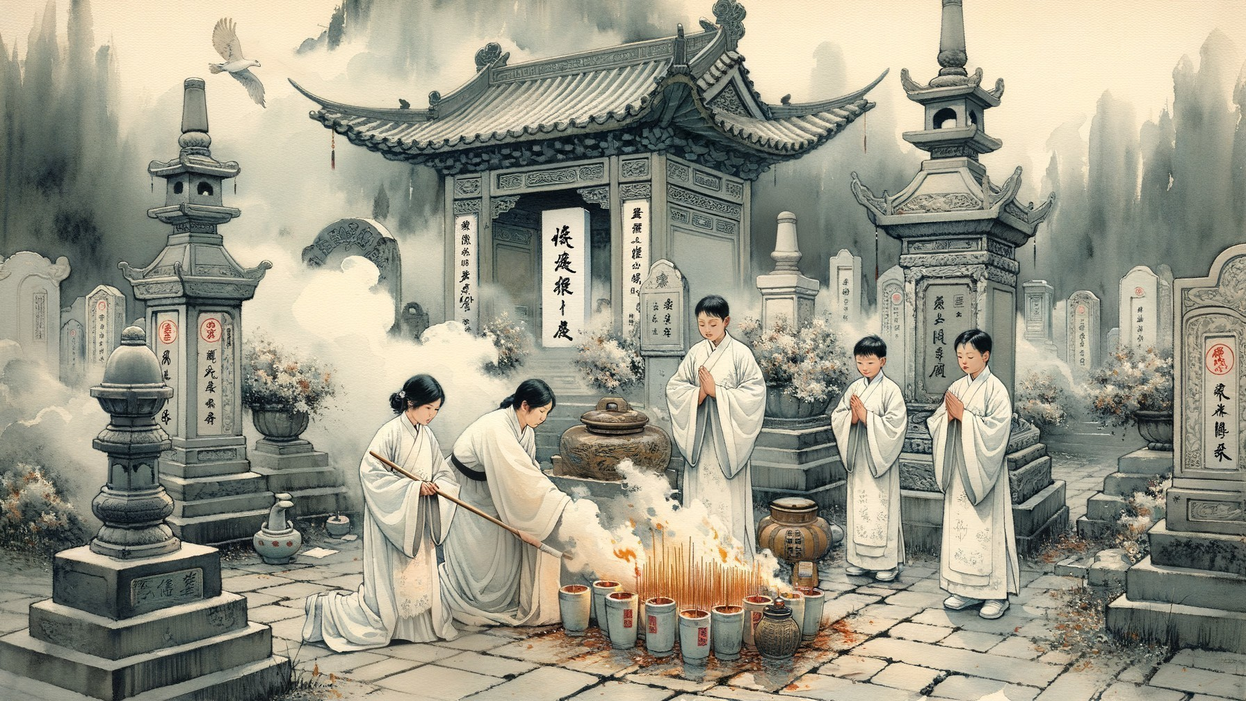 Ritual Ceremony at Tranquil Temple with Incense and Offerings