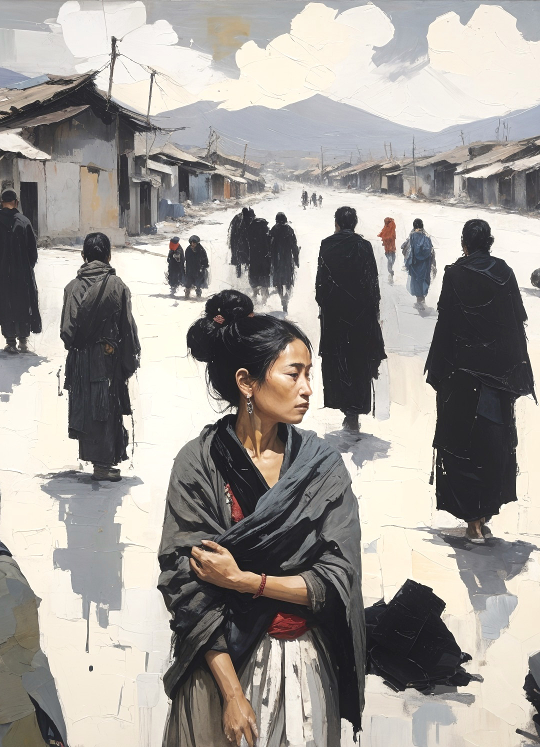 Contemplative Woman on Dusty Street with Figures