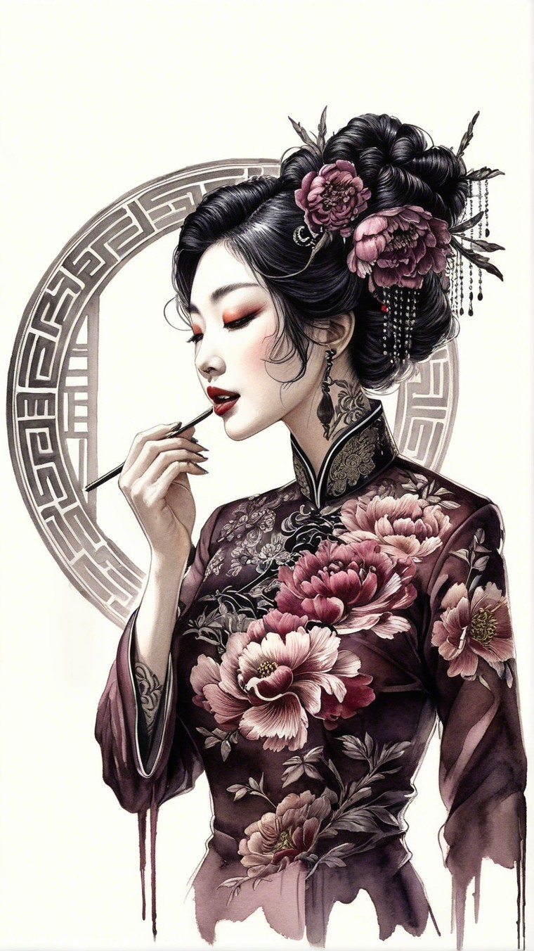 Elegant Woman in Dark Floral Qipao with Makeup Brush