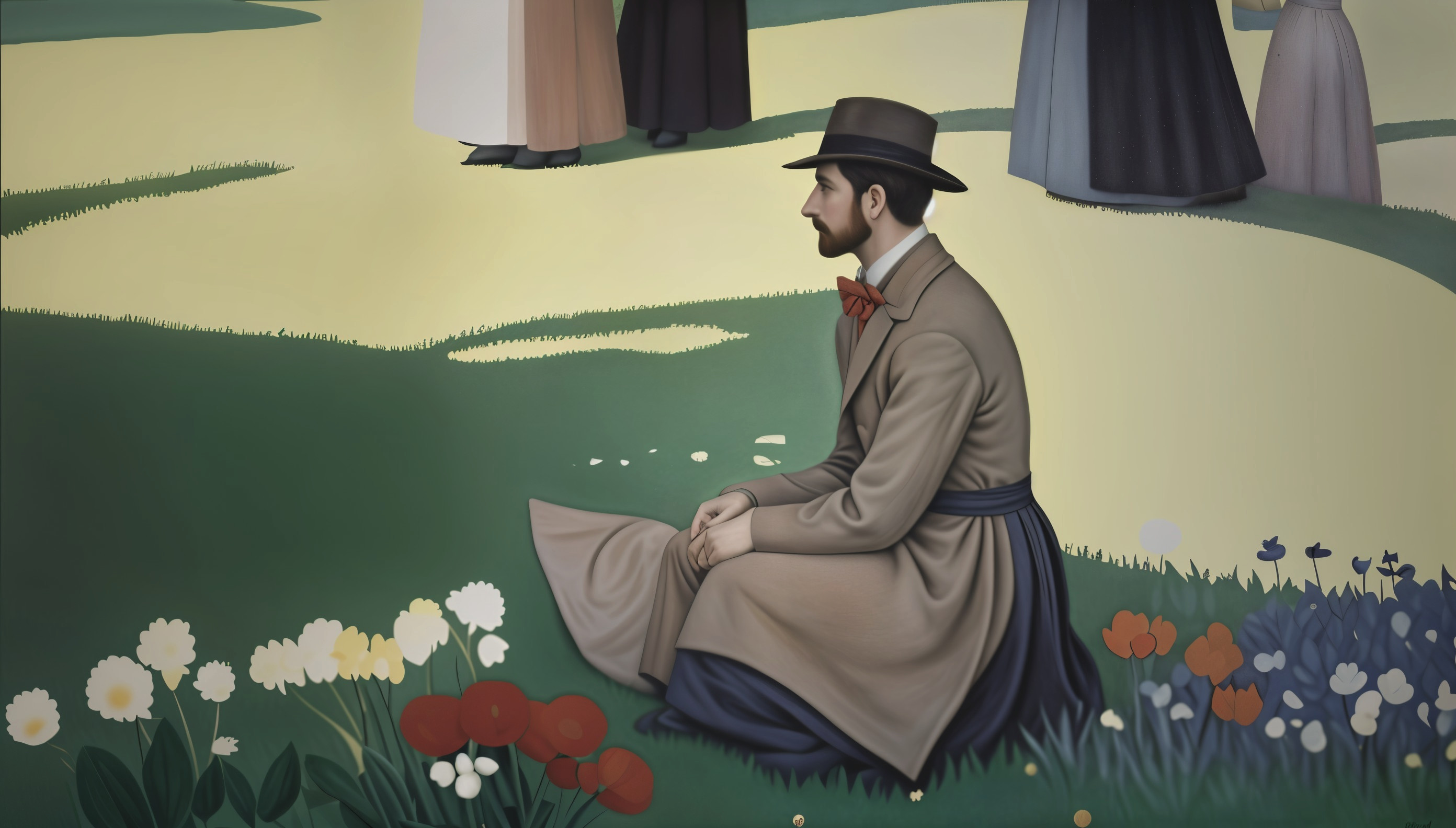 Contemplative Man in Period Attire Among Flowers