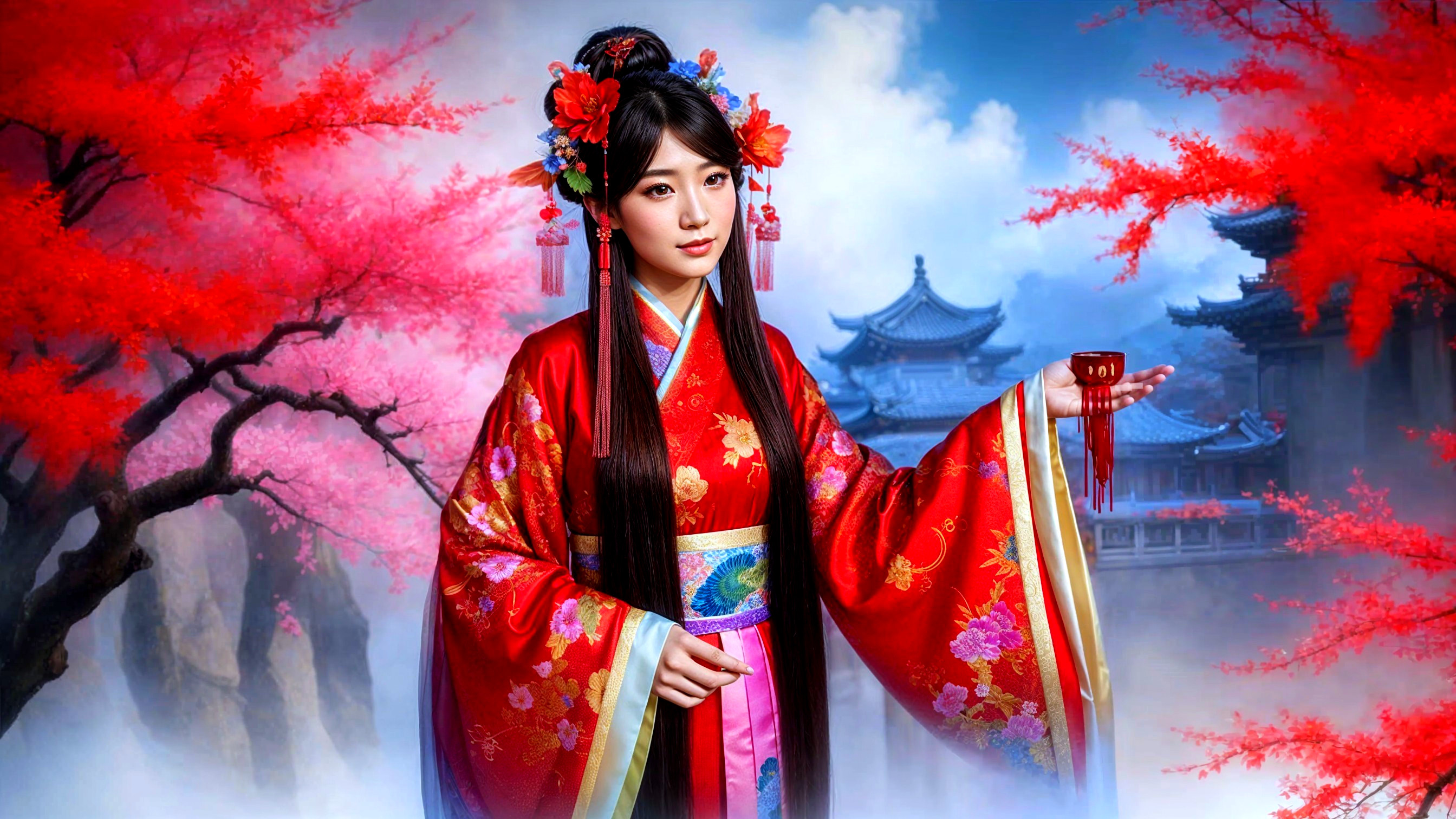 Young Woman in Red Amid Cherry Blossoms and Architecture