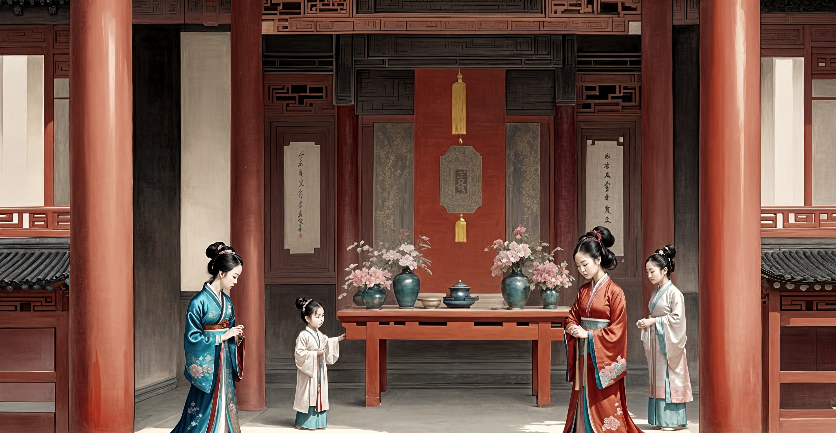 Traditional Chinese Interior with Women and Ceramics