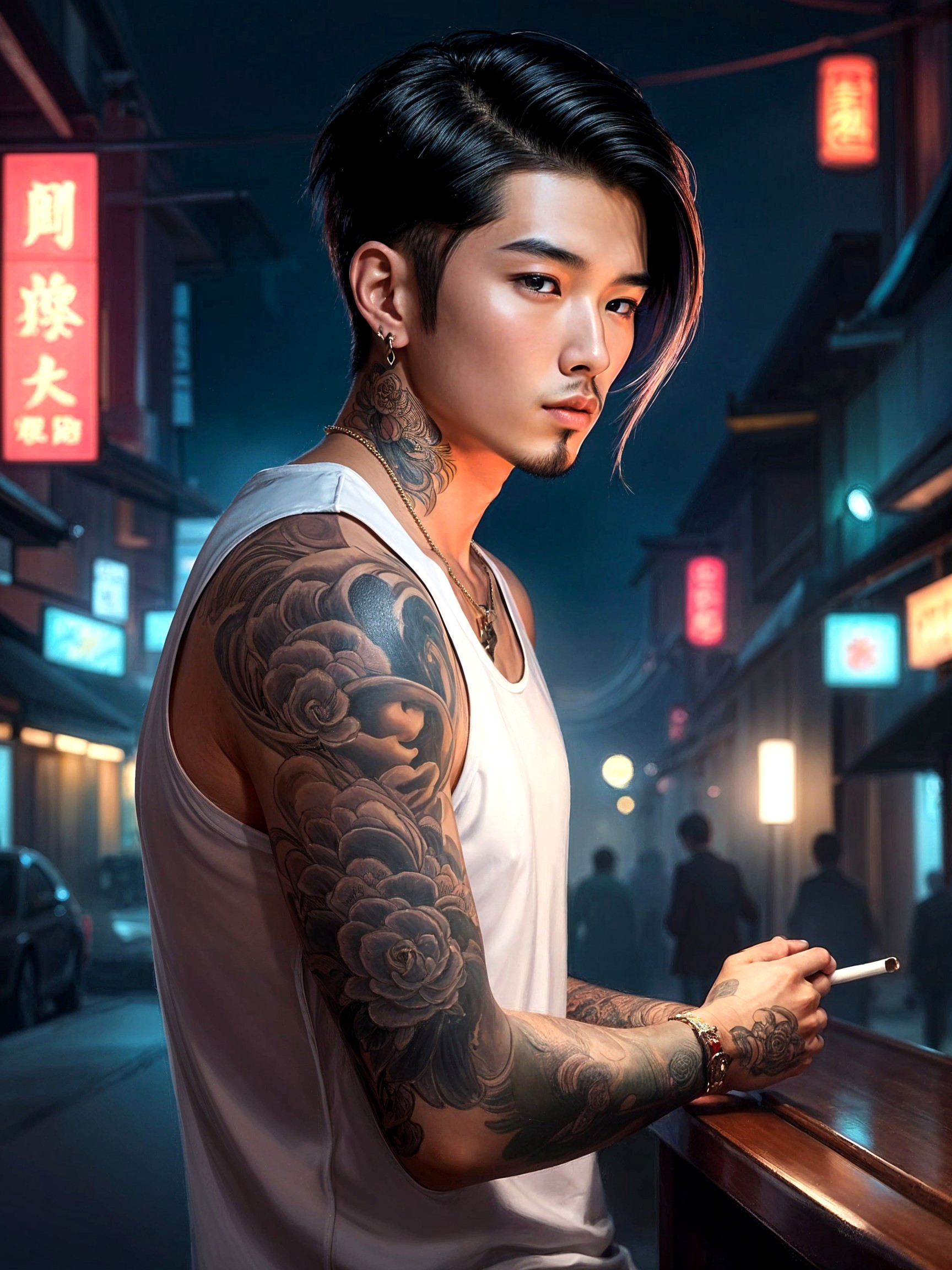 Stylish Young Man with Tattoos in Neon-Lit Street