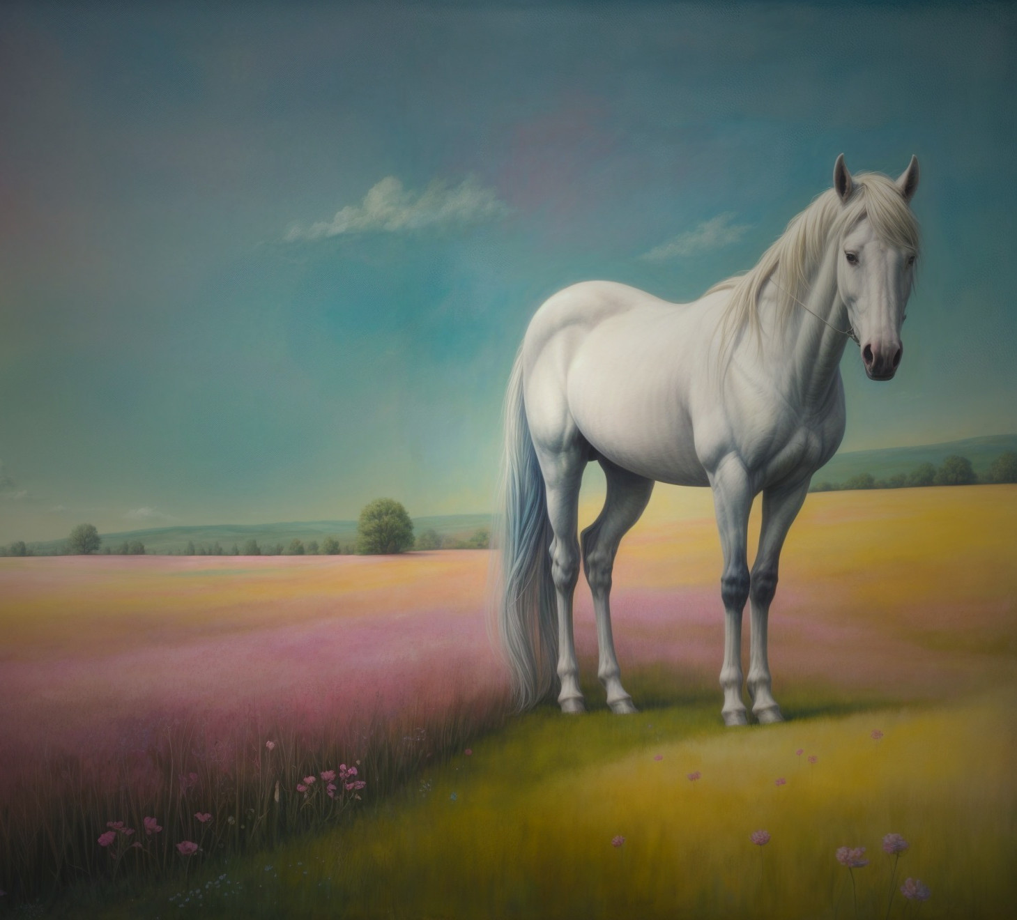 Majestic white horse in vibrant flower-filled landscape