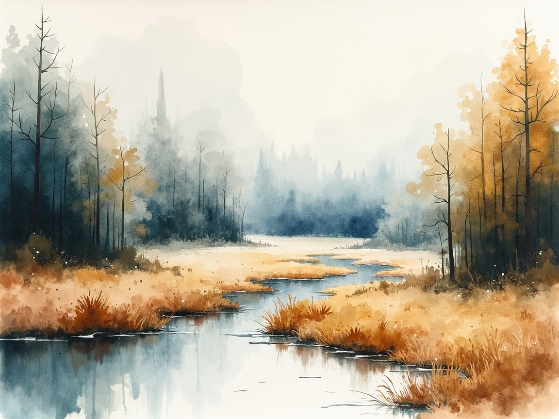 Tranquil River in Misty Wetland with Autumn Colors