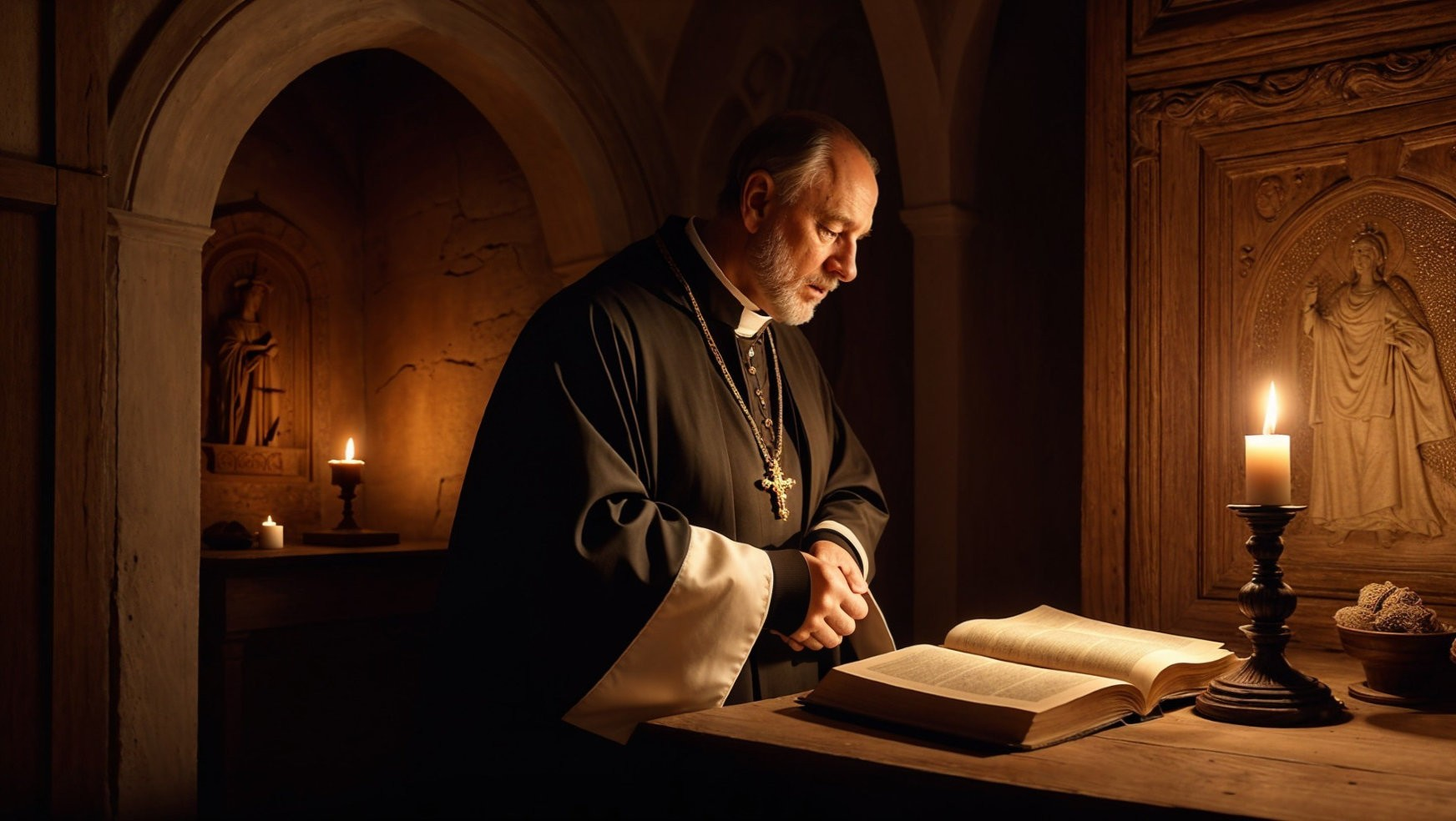 Solemn Figure in Dark Robe Examining Book in Monastery