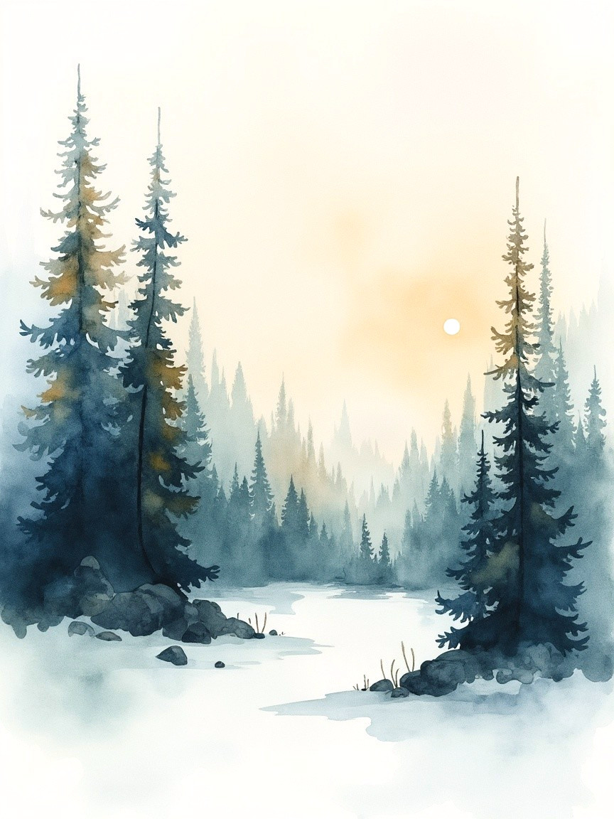 Tranquil Forest Landscape at Dawn with Mist and Water