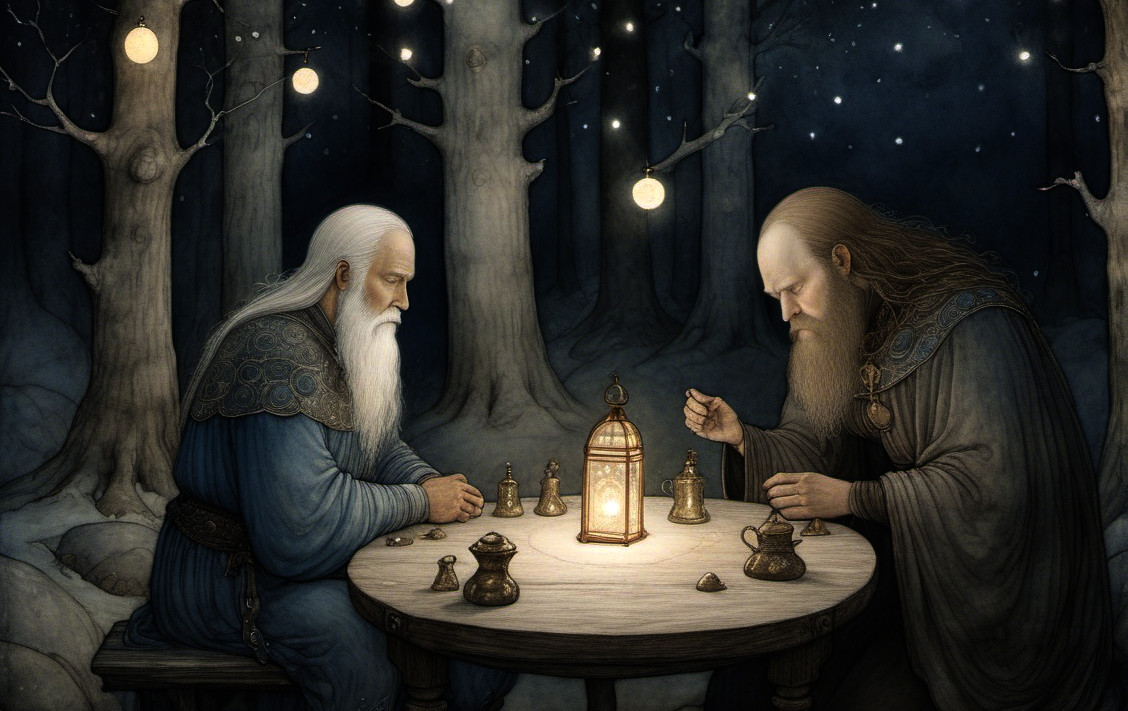 Wise Figures Playing Chess in a Mystical Forest