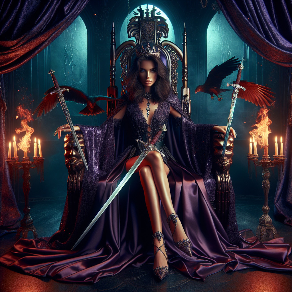 Regal figure on throne with swords and candles
