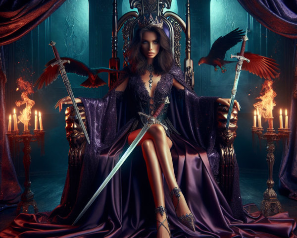 Regal figure on throne with swords and candles