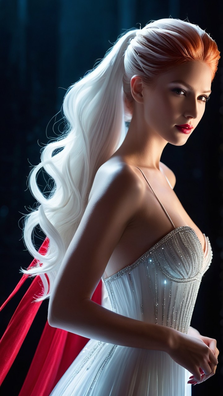 Elegant woman in gown with flowing orange to white hair