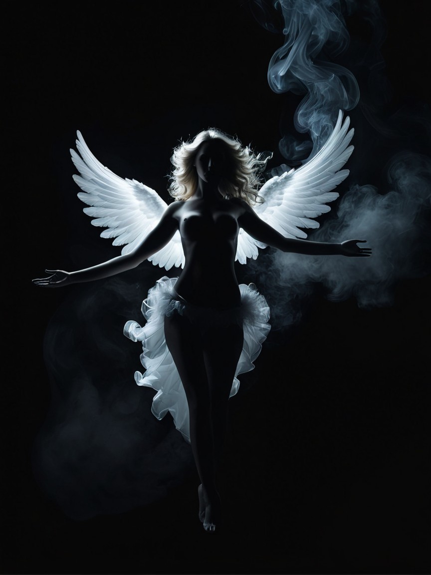 Silhouette of a Winged Figure in Ethereal Setting