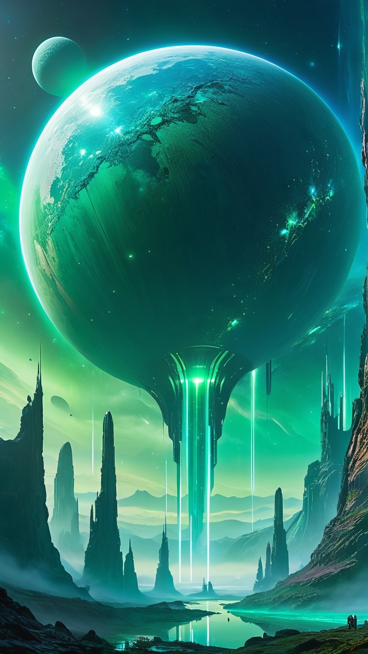 Alien Landscape with Celestial Body and Luminous Waterfalls