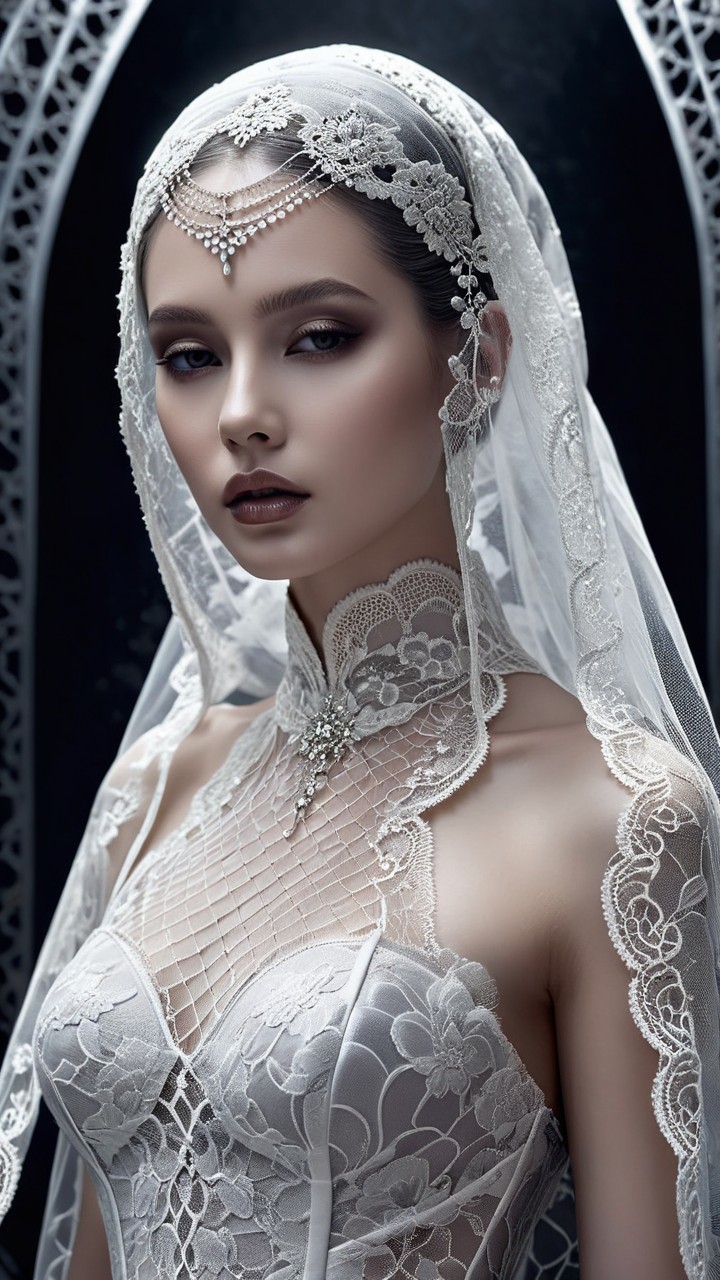 Elegant Bridal Portrait with Lace Gown and Veil
